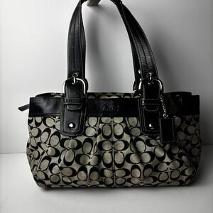 Coach Soho Pleated Tote Purse F13742 Handbag Canvas Leather Logo Black Beige Y2k